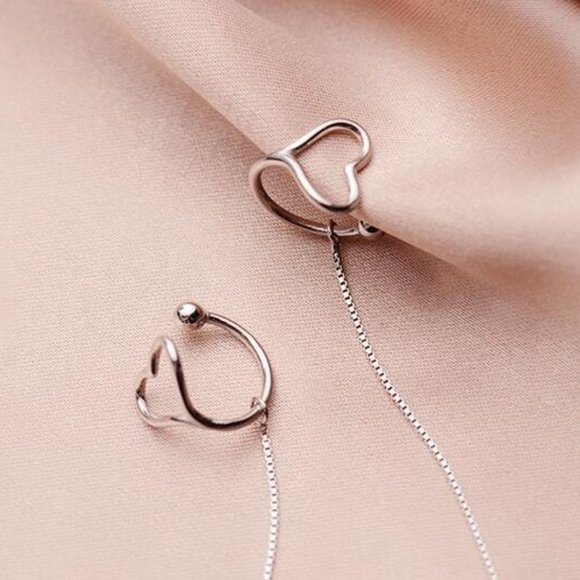 NEW 925 Sterling Silver Heart Cuff Chain Earrings - Picture 7 of 10